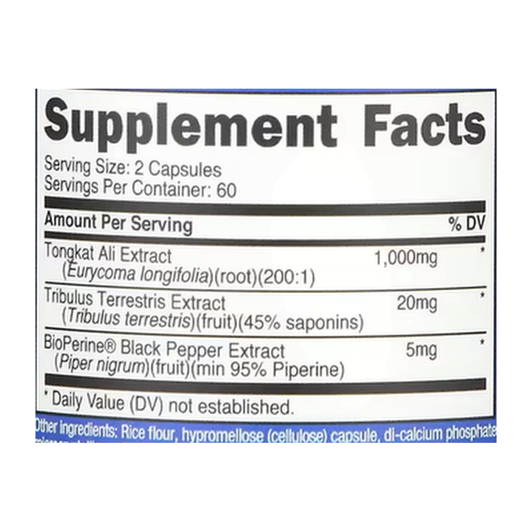 Nutricost, Tongkat Ali, 120 Capsules supplement facts label showing ingredients, vitamins, minerals, and serving information