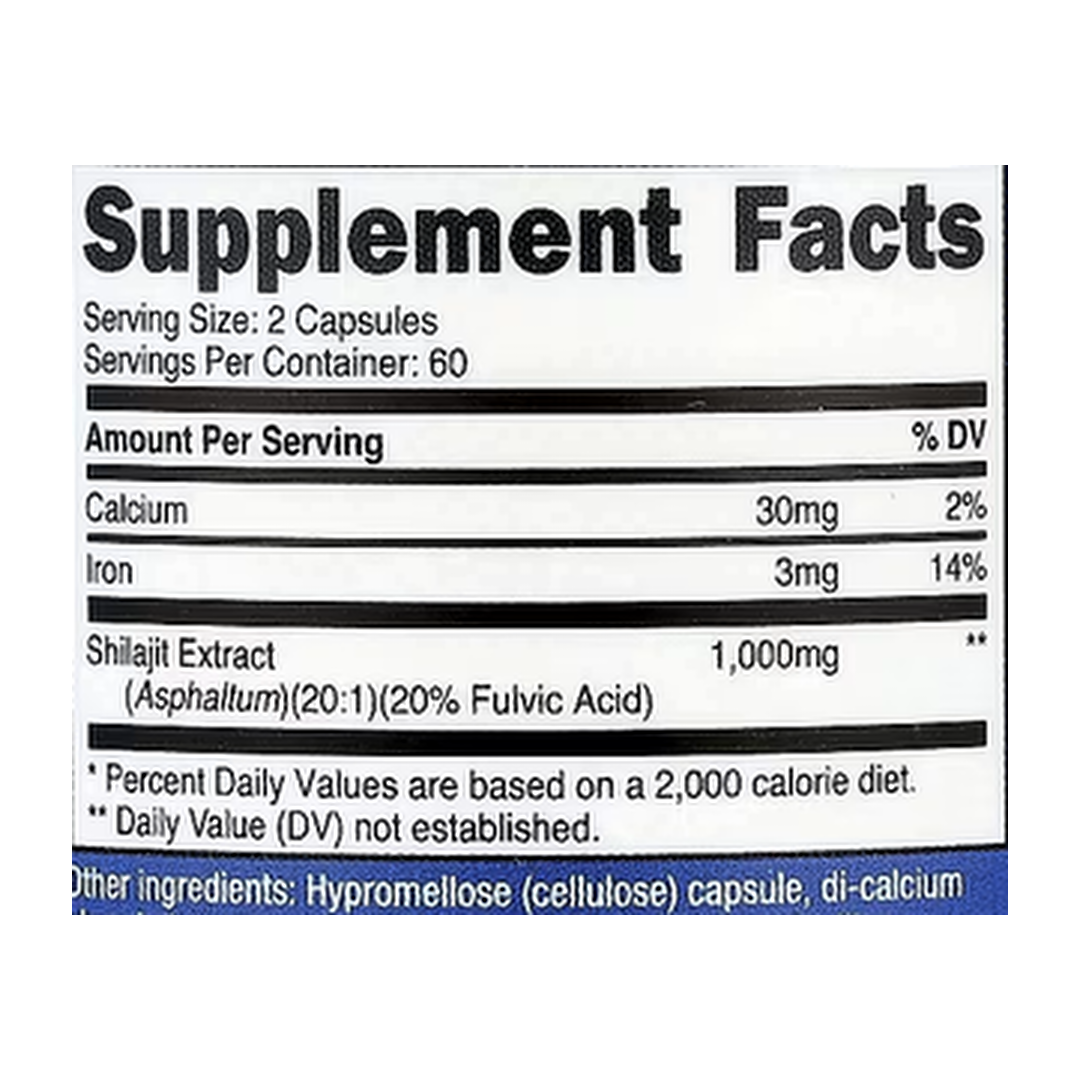 Nutricost, Shilajit, 120 Capsules supplement facts label showing ingredients, vitamins, minerals, and serving information