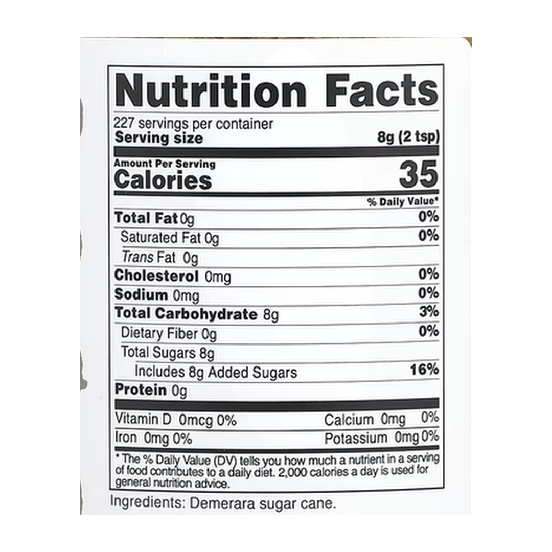 Nutricost, Pantry, Demerara Sugar, Unrefined Sweetener, 64.8 oz, 1,814 g supplement facts label showing ingredients, vitamins, minerals, and serving information