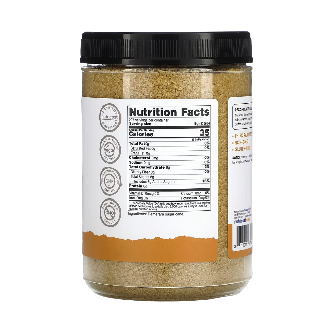 Nutricost, Pantry, Demerara Sugar, Unrefined Sweetener, 64.8 oz, 1,814 g back packaging view