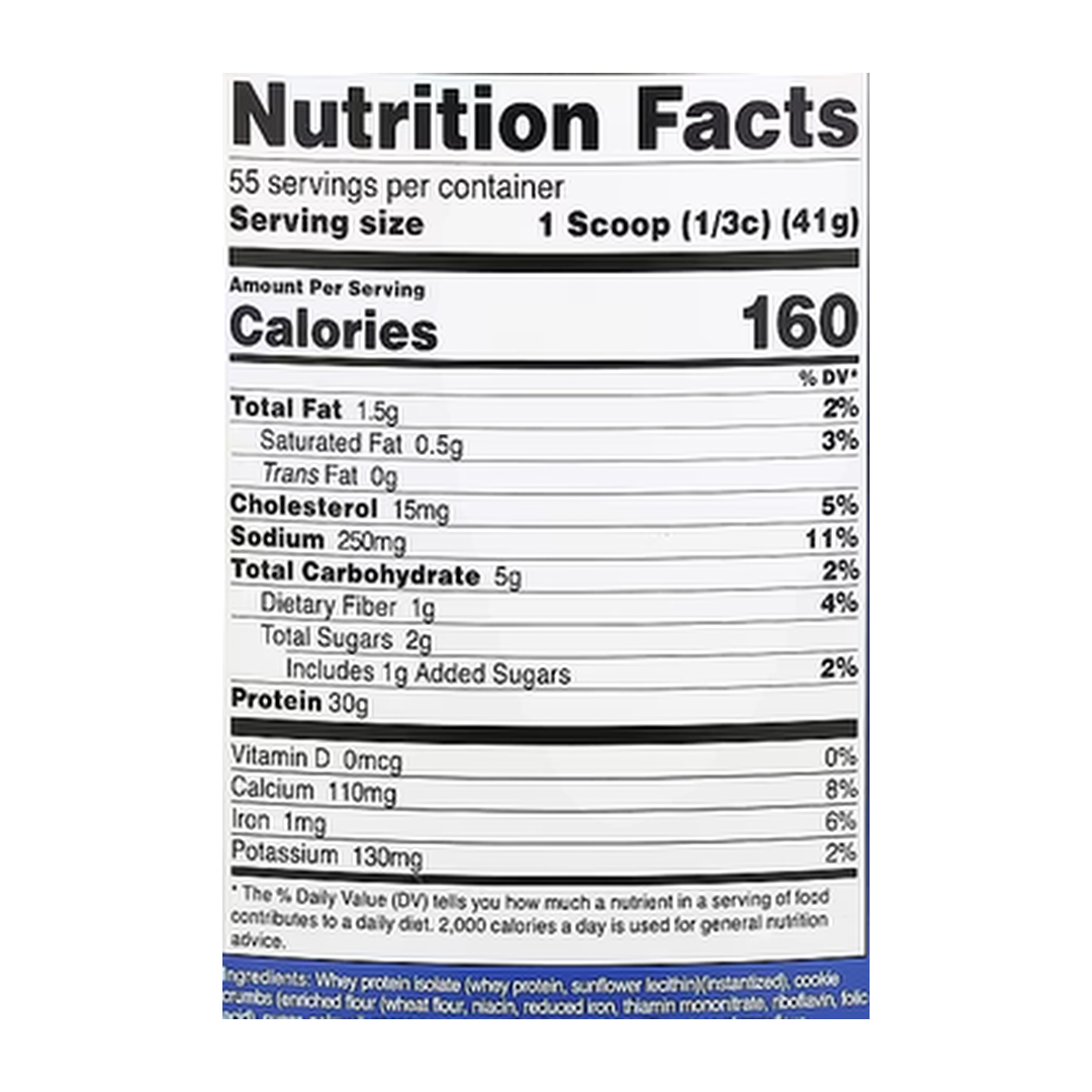 Nutricost, Whey Protein Isolate, Cookies N Cream, 5 lb, 2,268 g supplement facts label showing ingredients, vitamins, minerals, and serving information