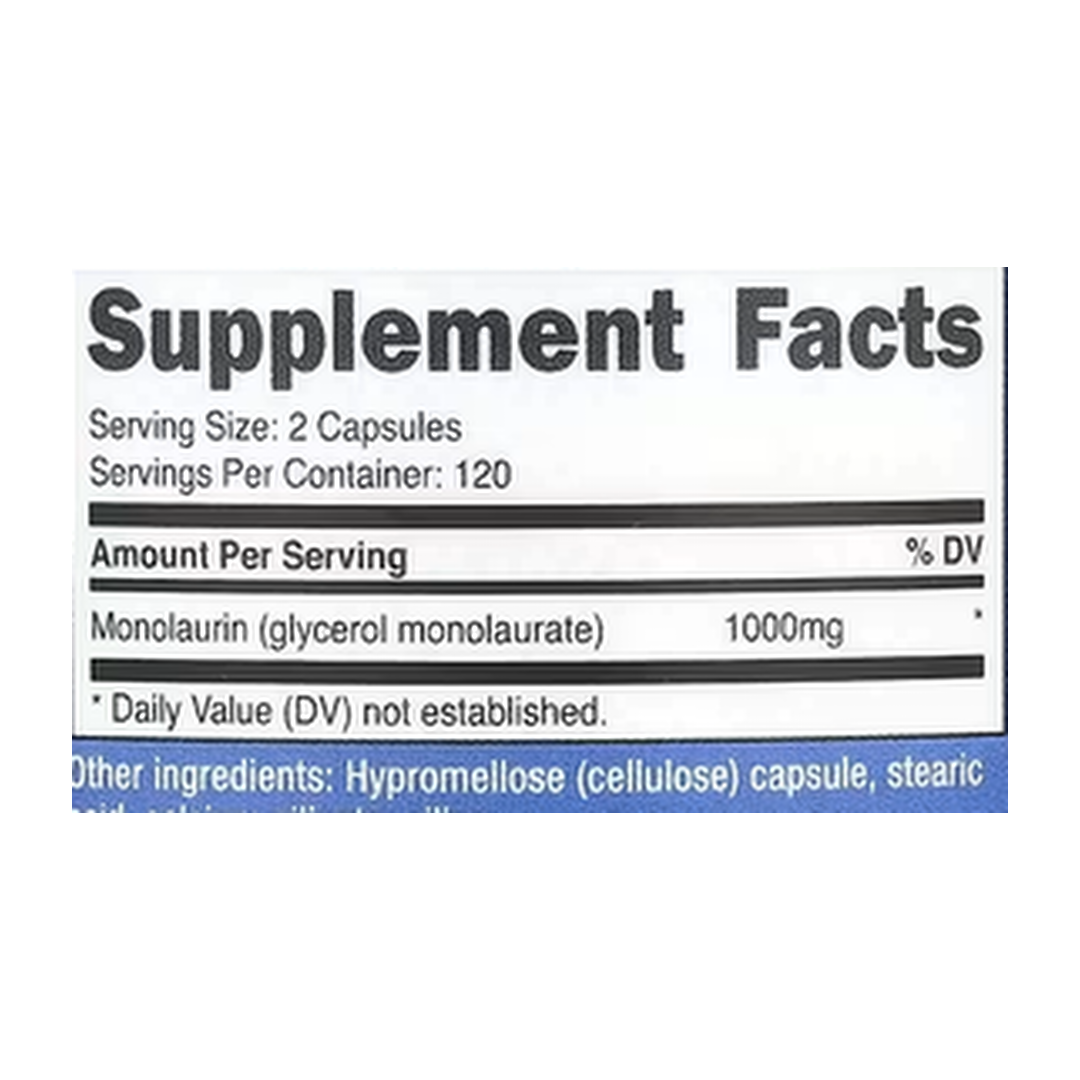 Nutricost, Monolaurin, 240 Capsules supplement facts label showing ingredients, vitamins, minerals, and serving information