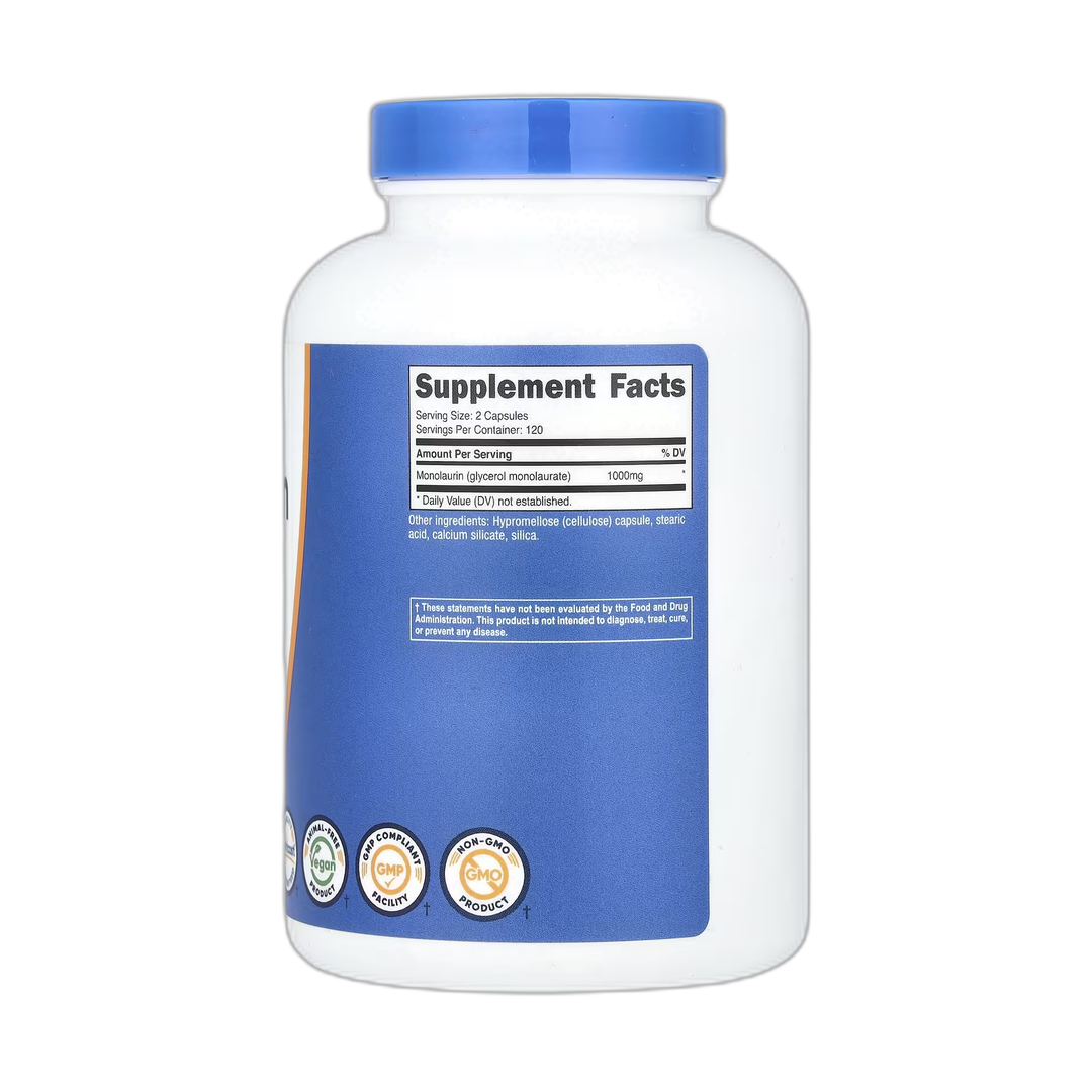 Nutricost, Monolaurin, 240 Capsules back packaging view