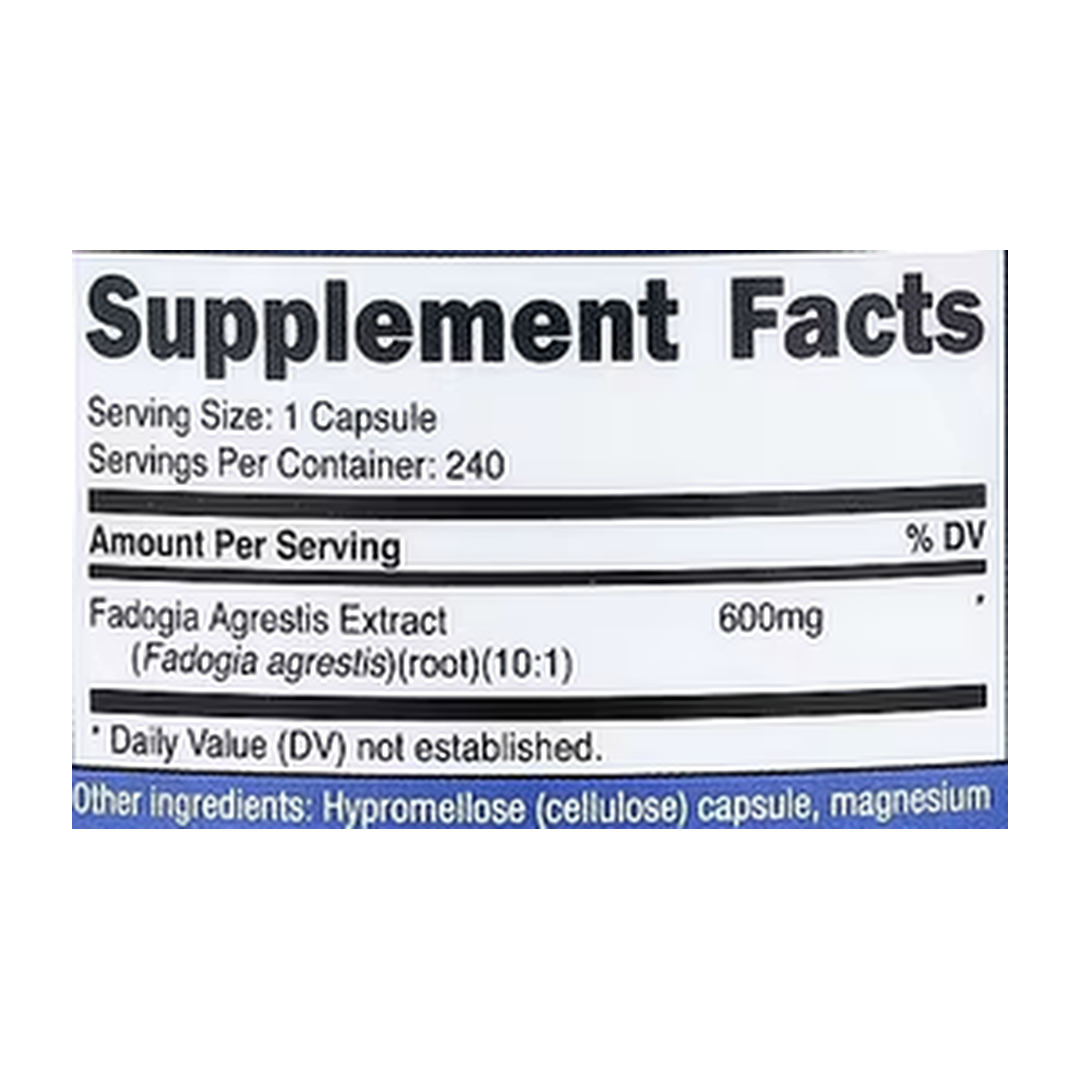 Nutricost, Fadogia Agrestis, 600 mg, 240 Capsules supplement facts label showing ingredients, vitamins, minerals, and serving information