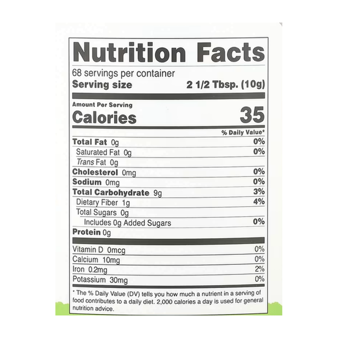 Nutricost, Pantry, Organic Cassava Flour, 24.3 oz, 680 g supplement facts label showing ingredients, vitamins, minerals, and serving information