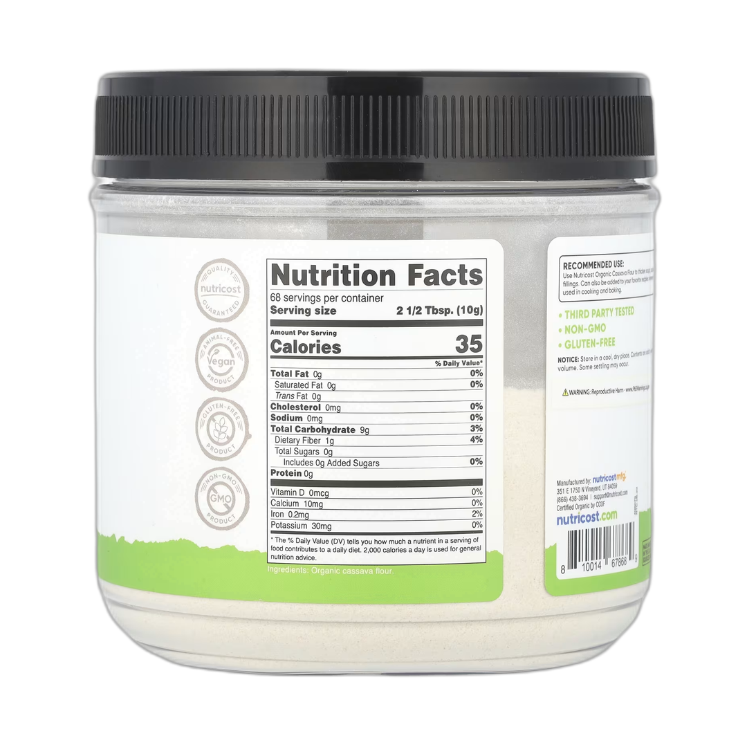 Nutricost, Pantry, Organic Cassava Flour, 24.3 oz, 680 g back packaging view