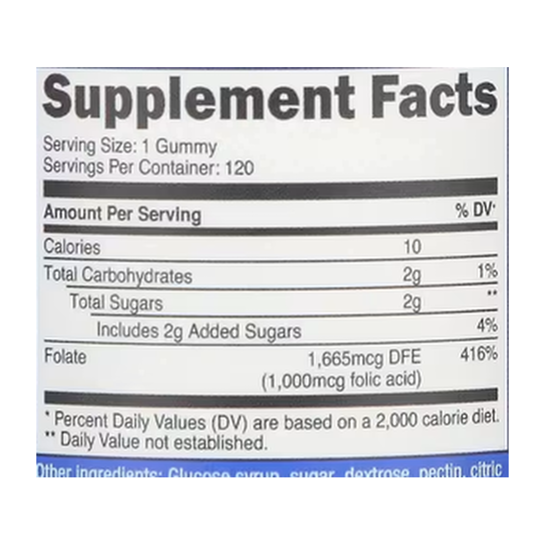 Nutricost, Folic Acid Gummies, Berry Blend, 1,000 mcg, 120 Gummies supplement facts label showing ingredients, vitamins, minerals, and serving information