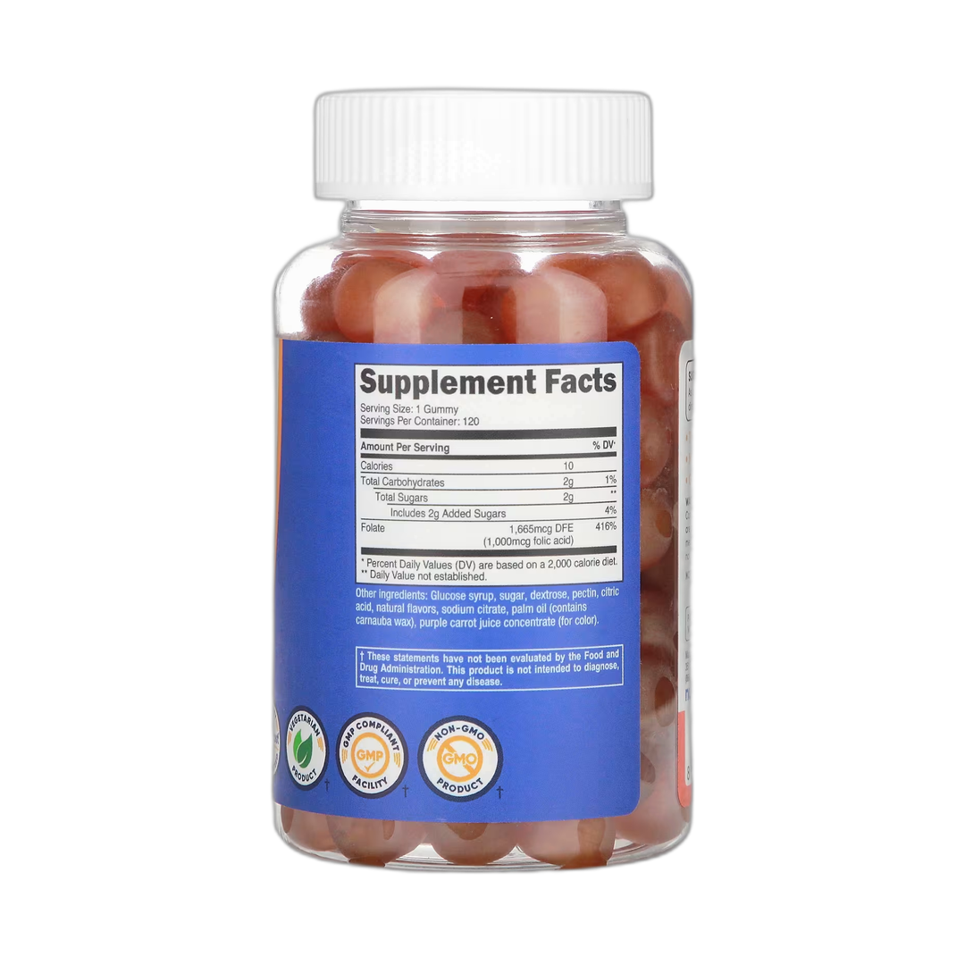 Nutricost, Folic Acid Gummies, Berry Blend, 1,000 mcg, 120 Gummies back packaging view