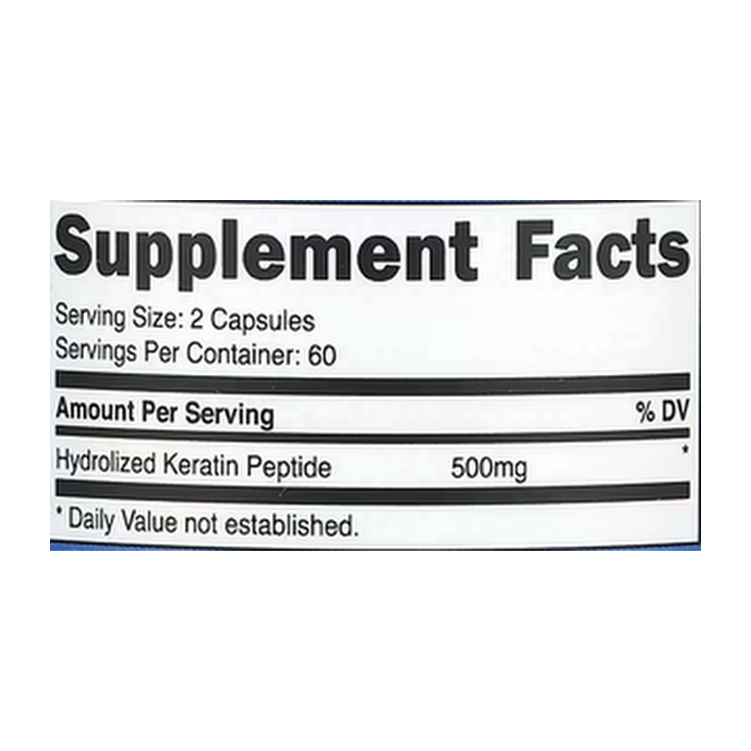 Nutricost, Keratin, 120 Capsules supplement facts label showing ingredients, vitamins, minerals, and serving information
