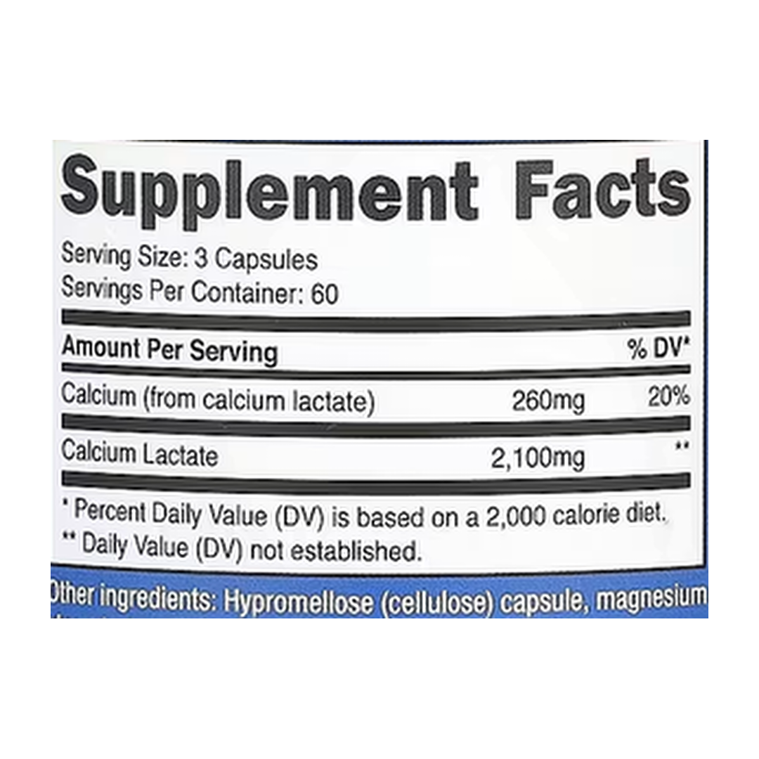 Nutricost, Calcium Lactate, 180 Capsules supplement facts label showing ingredients, vitamins, minerals, and serving information