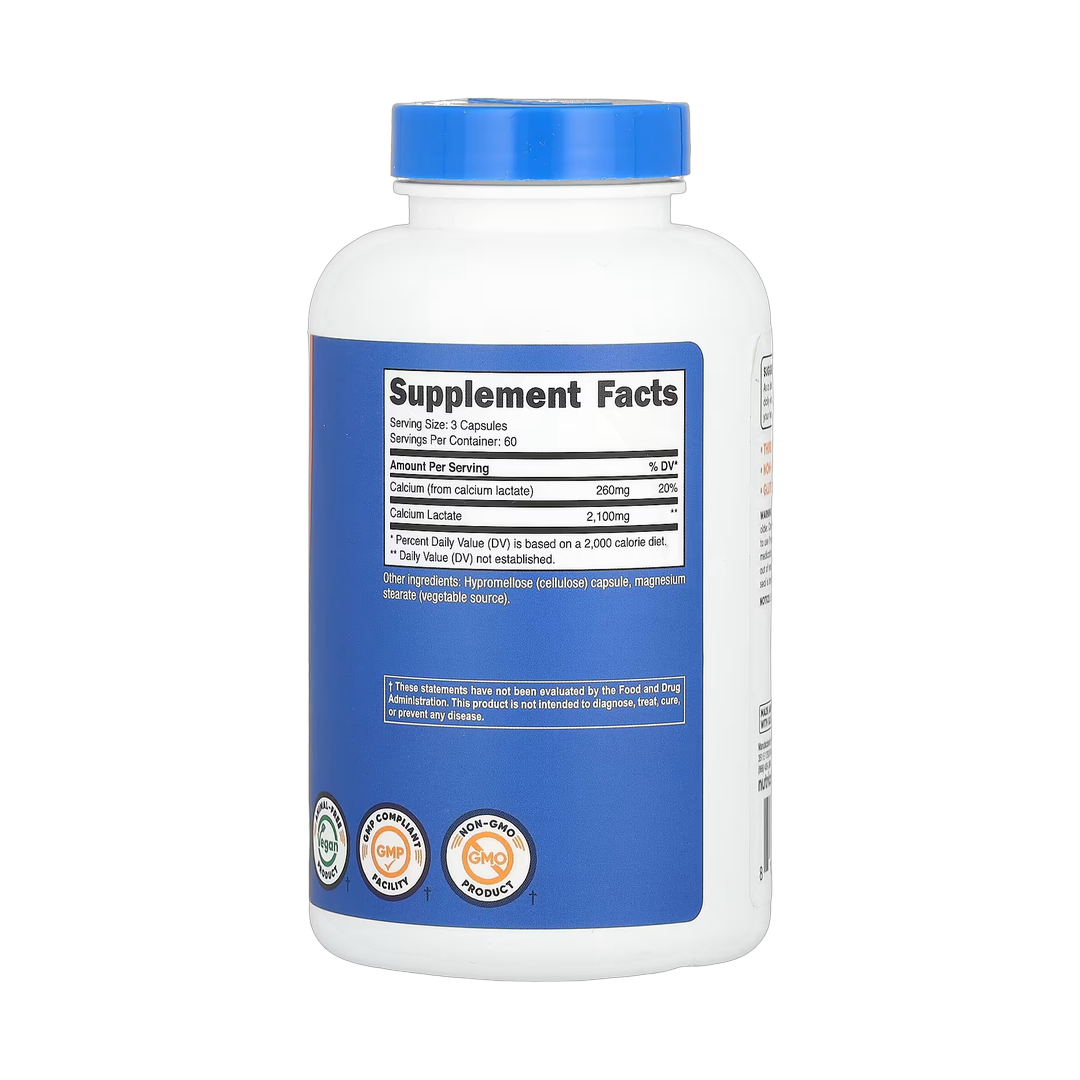 Nutricost, Calcium Lactate, 180 Capsules back packaging view