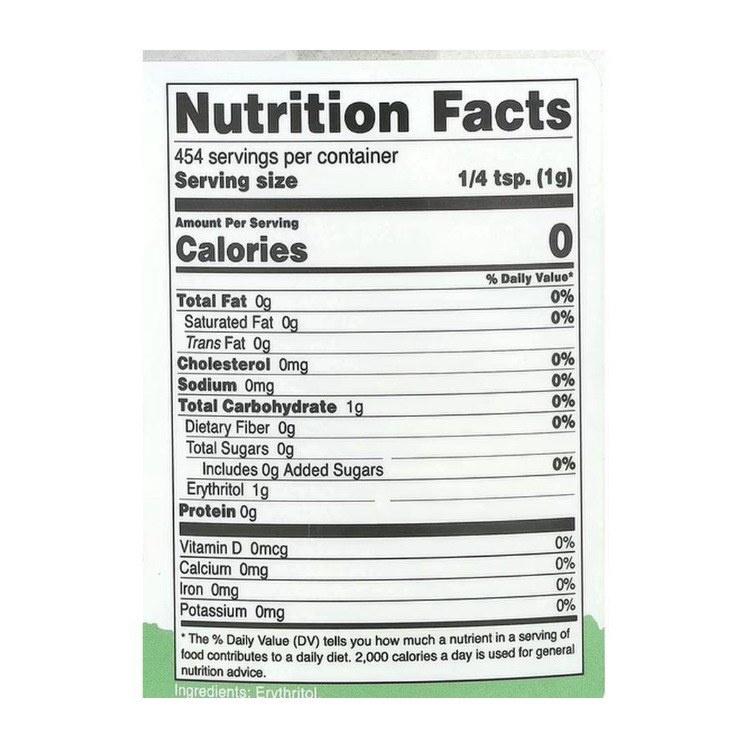 Nutricost, Pantry, Erythritol, 16 oz, 454 g supplement facts label showing ingredients, vitamins, minerals, and serving information