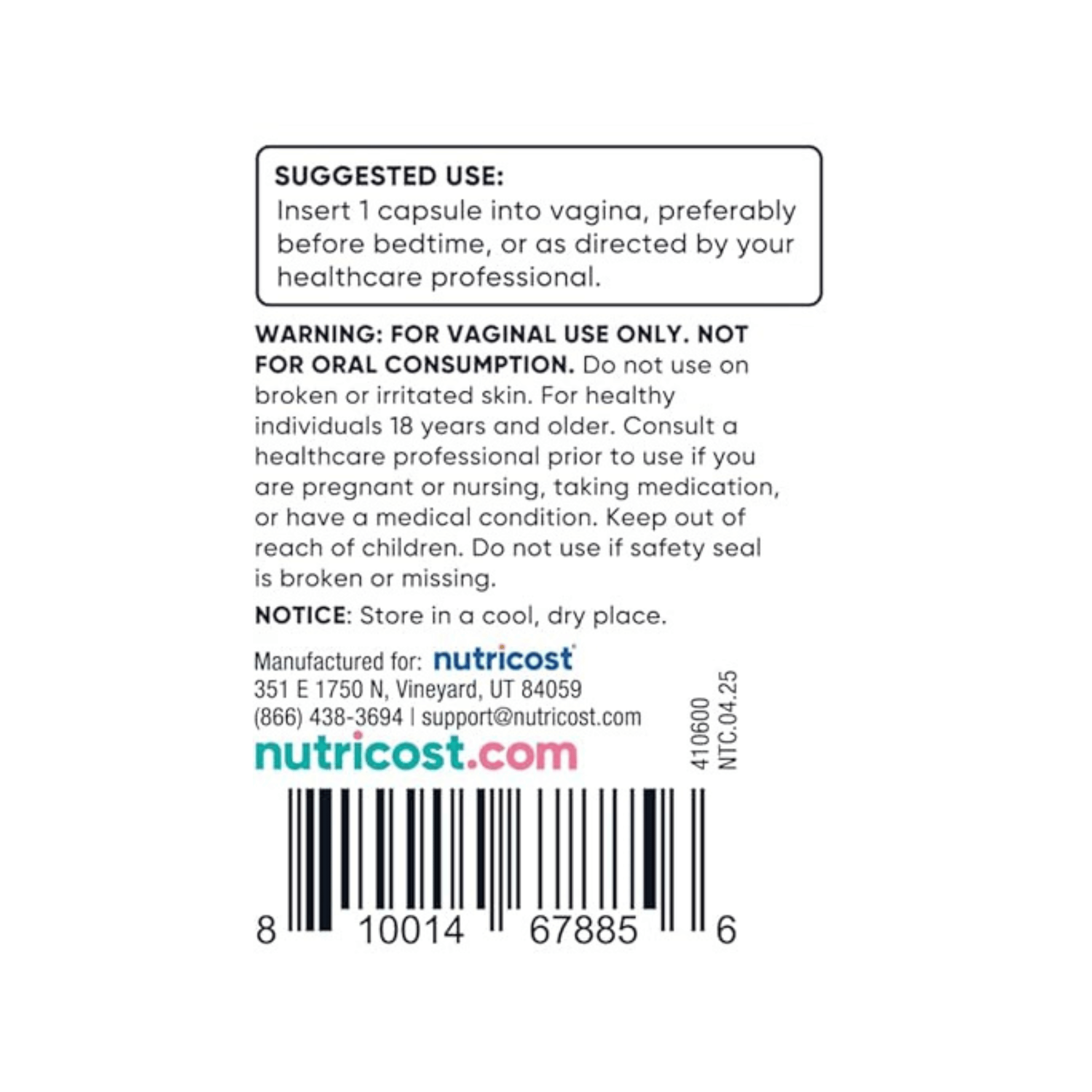Nutricost, Women, Boric Acid, Vaginal Suppository, 600 mg , 60 Capsules supplement facts label showing ingredients, vitamins, minerals, and serving information