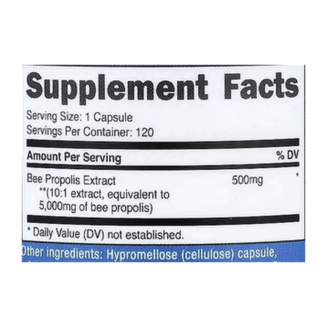 Nutricost, Bee Propolis, 5,000 mg, 120 Capsules supplement facts label showing ingredients, vitamins, minerals, and serving information