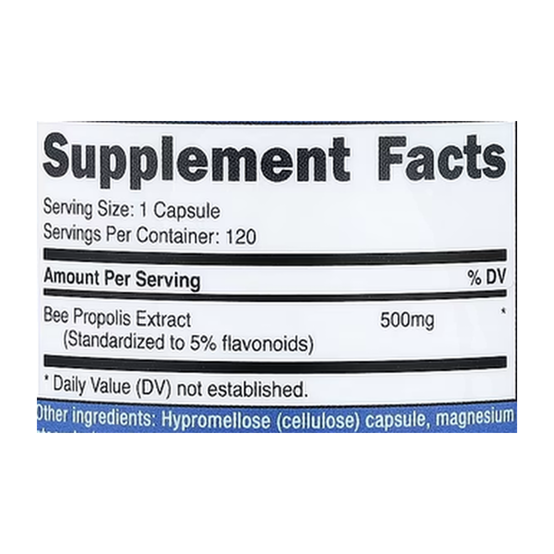 Nutricost, Bee Propolis, 500 mg, 120 Capsules supplement facts label showing ingredients, vitamins, minerals, and serving information