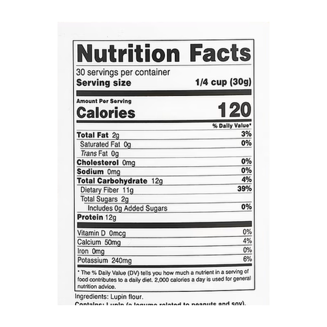 Nutricost, Pantry, Lupin Flour, 32.4 oz, 907 g supplement facts label showing ingredients, vitamins, minerals, and serving information