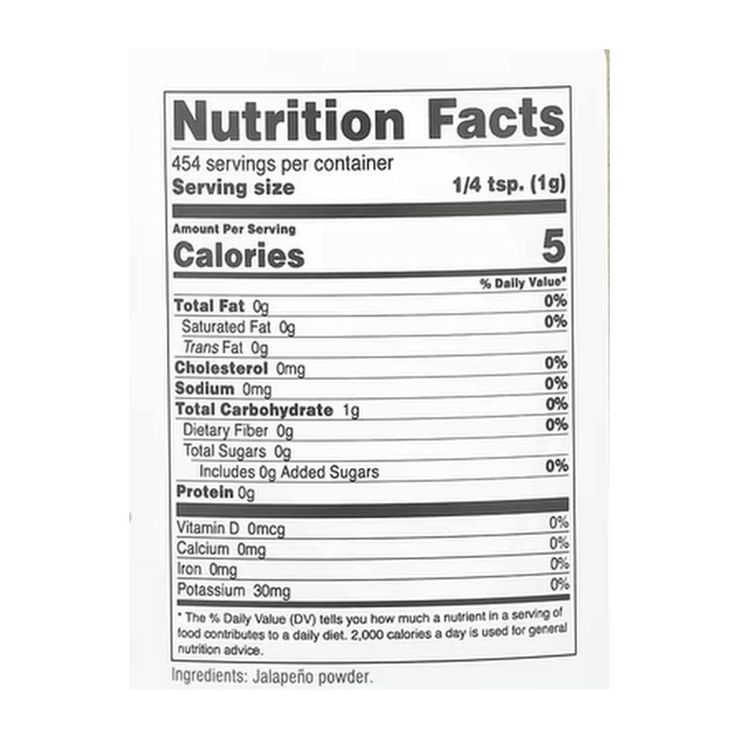 Nutricost, Pantry, Jalapeno Powder, 16.2 oz, 454 g supplement facts label showing ingredients, vitamins, minerals, and serving information