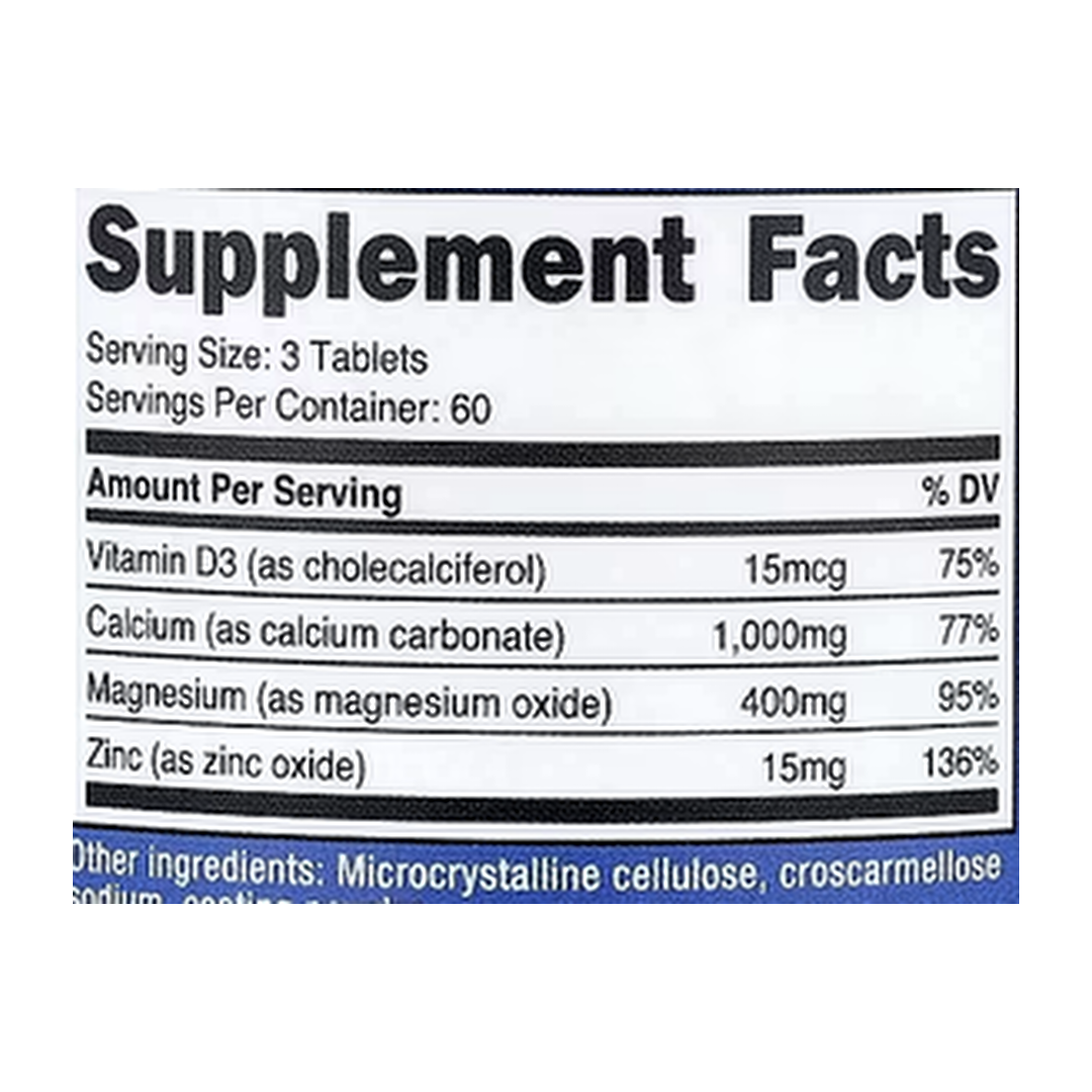 Nutricost, Calcium, Magnesium, & Zinc, 180 Tablets supplement facts label showing ingredients, vitamins, minerals, and serving information