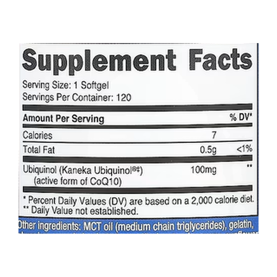 Nutricost, Ubiquinol, 100 mg, 120 Softgels supplement facts label showing ingredients, vitamins, minerals, and serving information