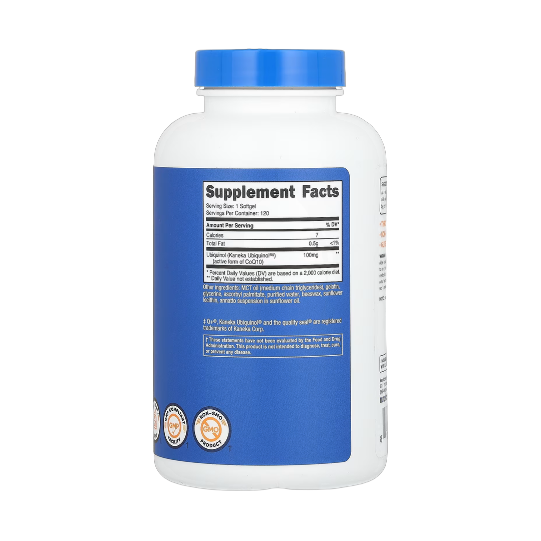 Nutricost, Ubiquinol, 100 mg, 120 Softgels back packaging view