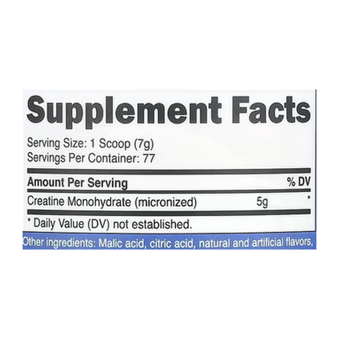 Nutricost, Performance, Creatine Monohydrate, Pineapple Mango, 1.1 lb, 500 g supplement facts label showing ingredients, vitamins, minerals, and serving information