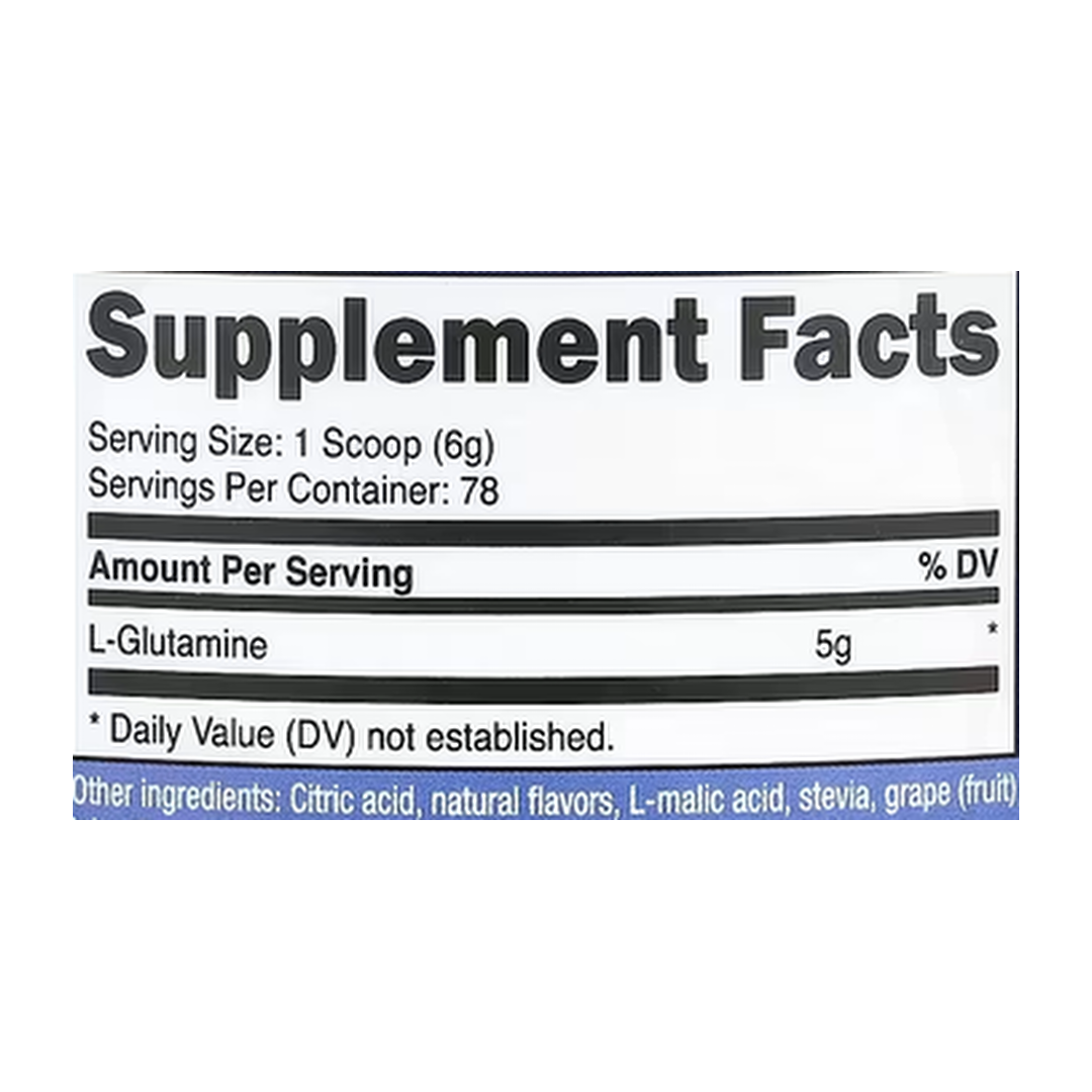 Nutricost, L-Glutamine, Blackberry Lemonade, 17.9 oz, 500 g supplement facts label showing ingredients, vitamins, minerals, and serving information