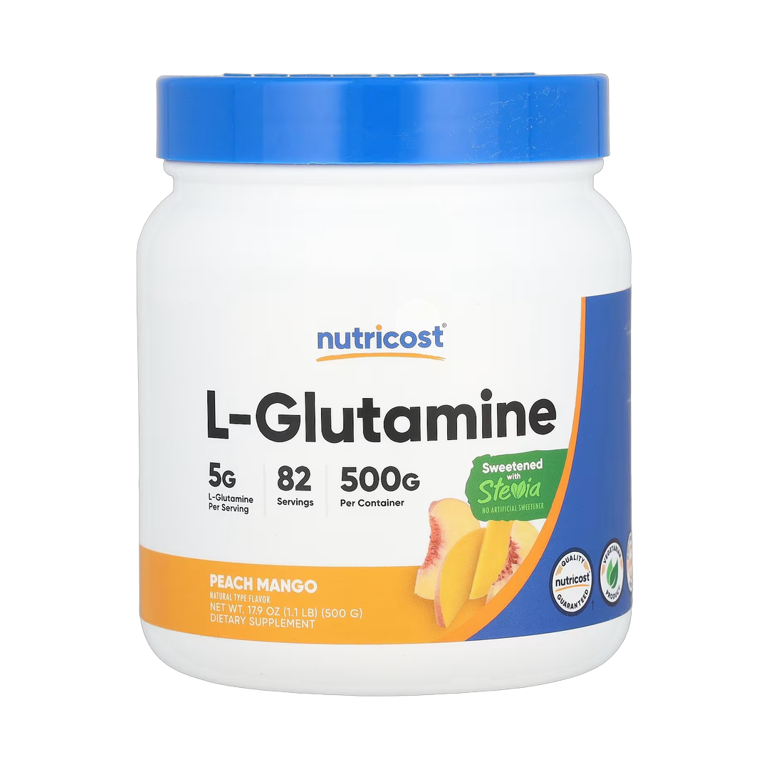 Nutricost, L-Glutamine, Peach Mango, 17.9 fl oz, 500 g front packaging view