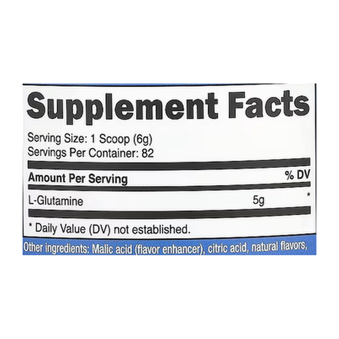 Nutricost, L-Glutamine, Peach Mango, 17.9 fl oz, 500 g supplement facts label showing ingredients, vitamins, minerals, and serving information