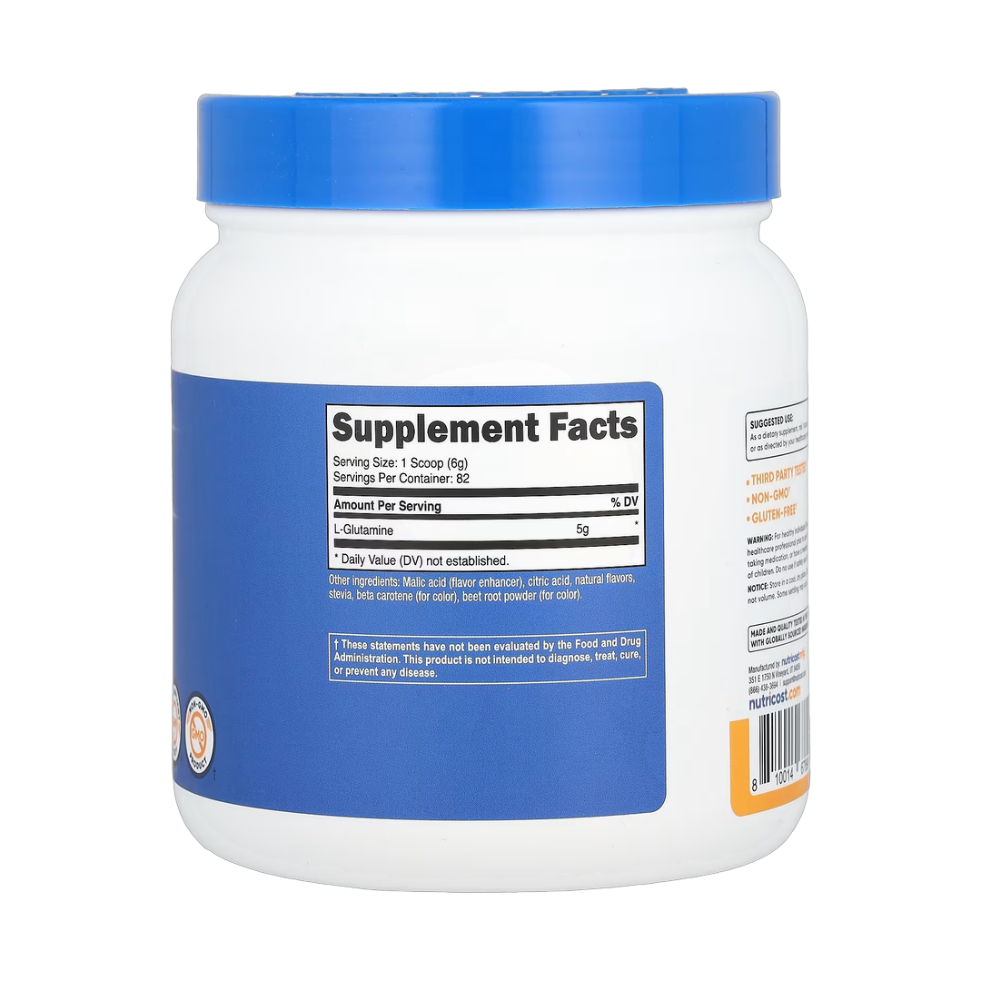 Nutricost, L-Glutamine, Peach Mango, 17.9 fl oz, 500 g back packaging view