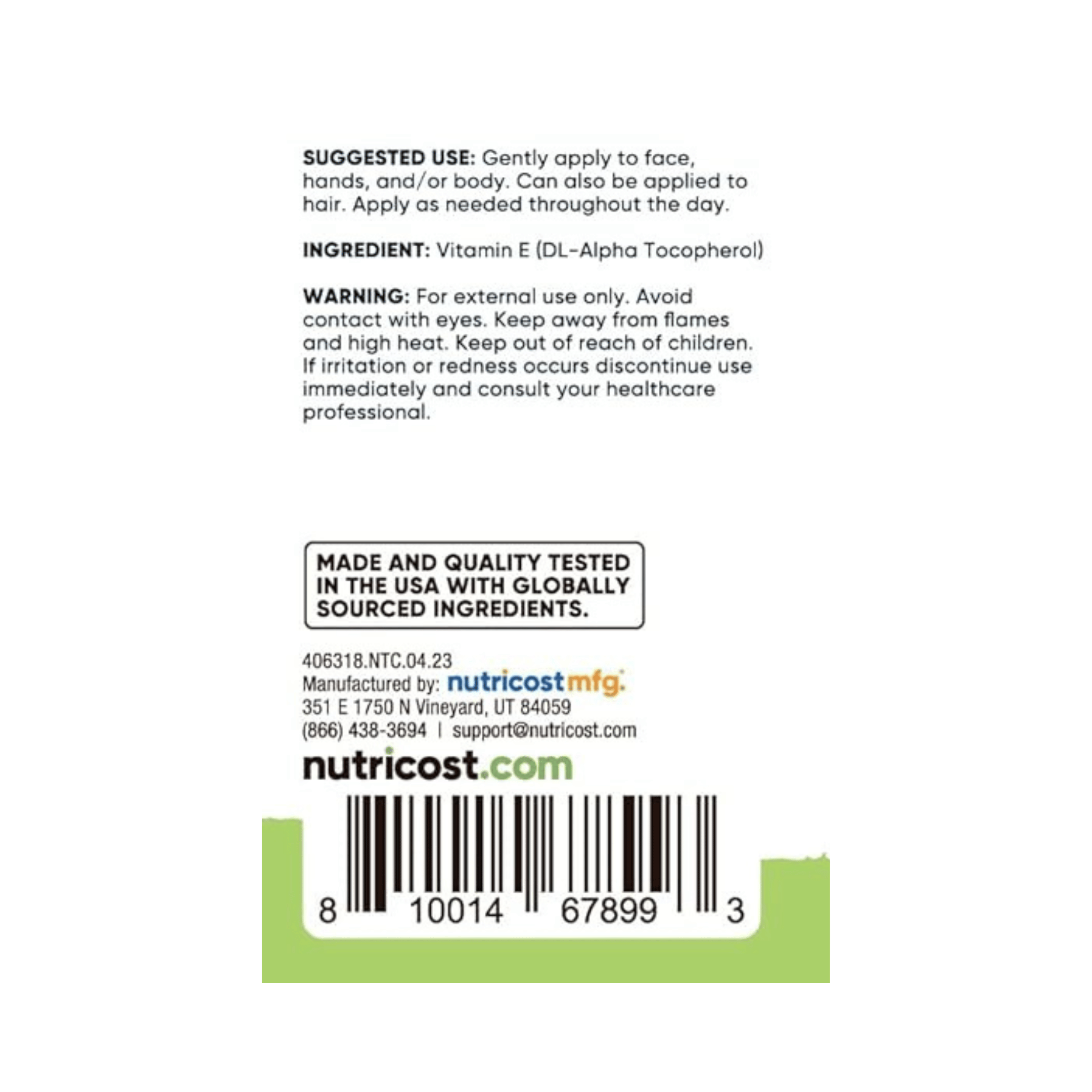 Nutricost, Essentials, Vitamin E Oil, 8 fl oz, 240 ml supplement facts label showing ingredients, vitamins, minerals, and serving information