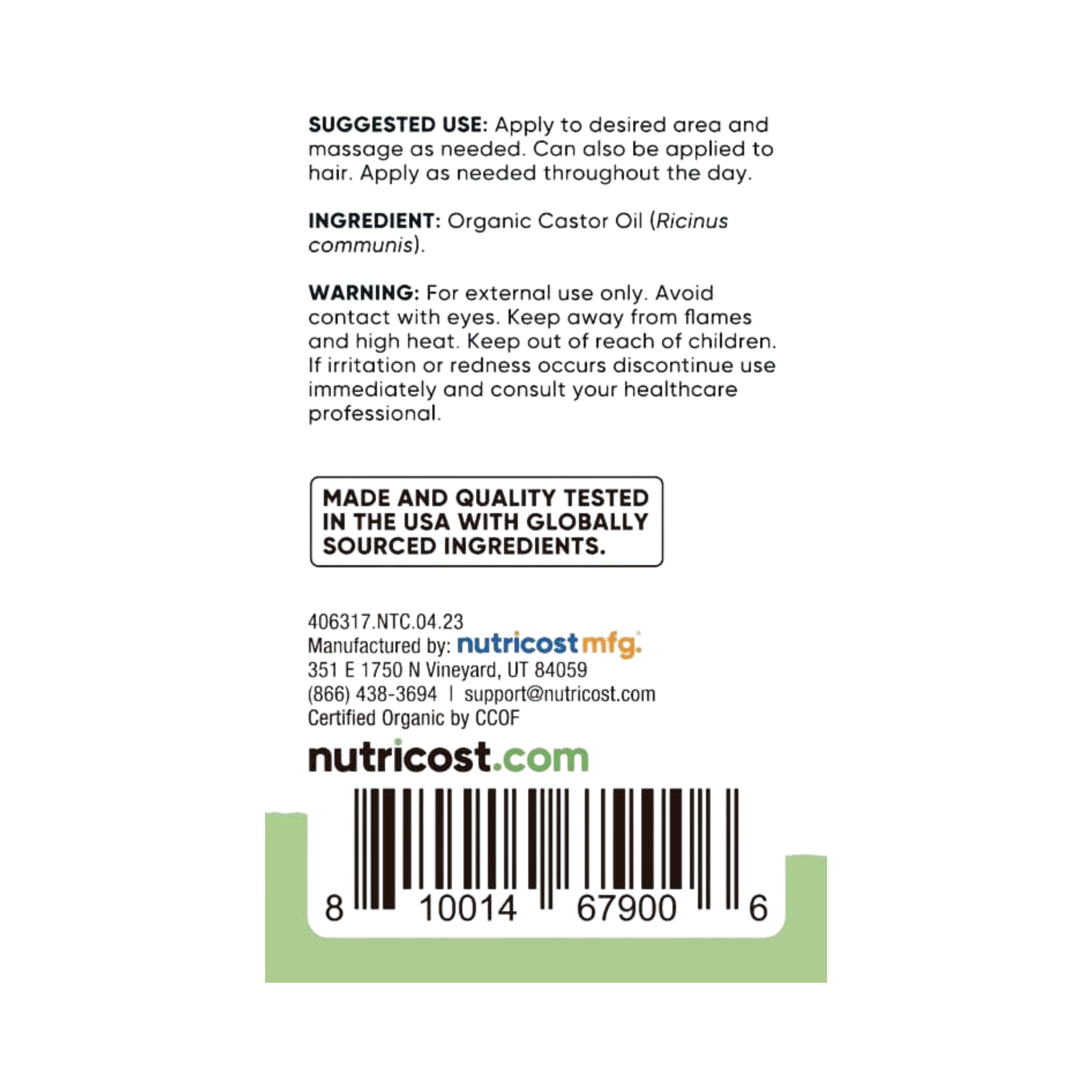 Nutricost, Essentials, Organic Castor Oil, 8 oz, 240 ml supplement facts label showing ingredients, vitamins, minerals, and serving information