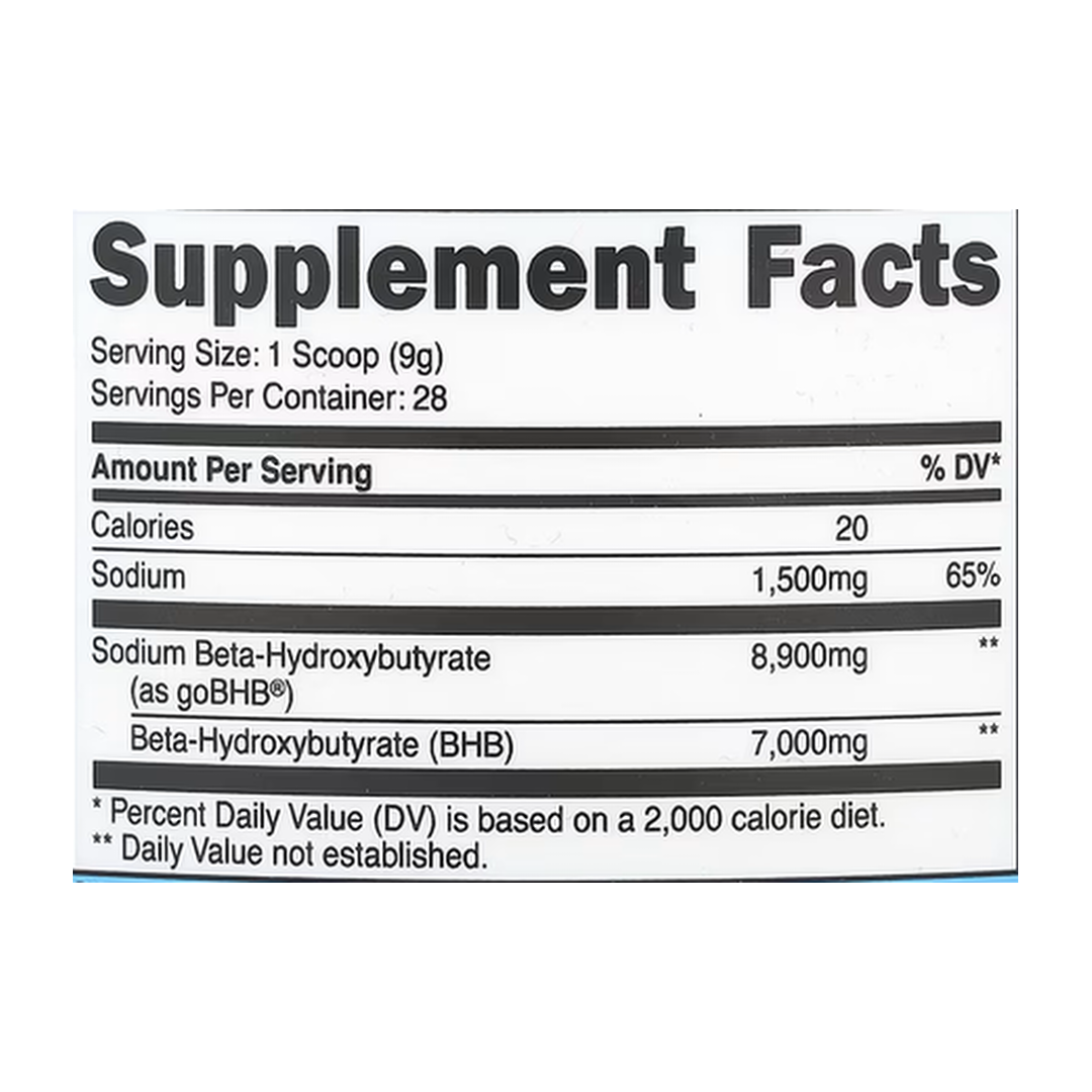 Nutricost, Sodium BHB, goBHB®, Unflavored, 8.9 oz, 250 g supplement facts label showing ingredients, vitamins, minerals, and serving information
