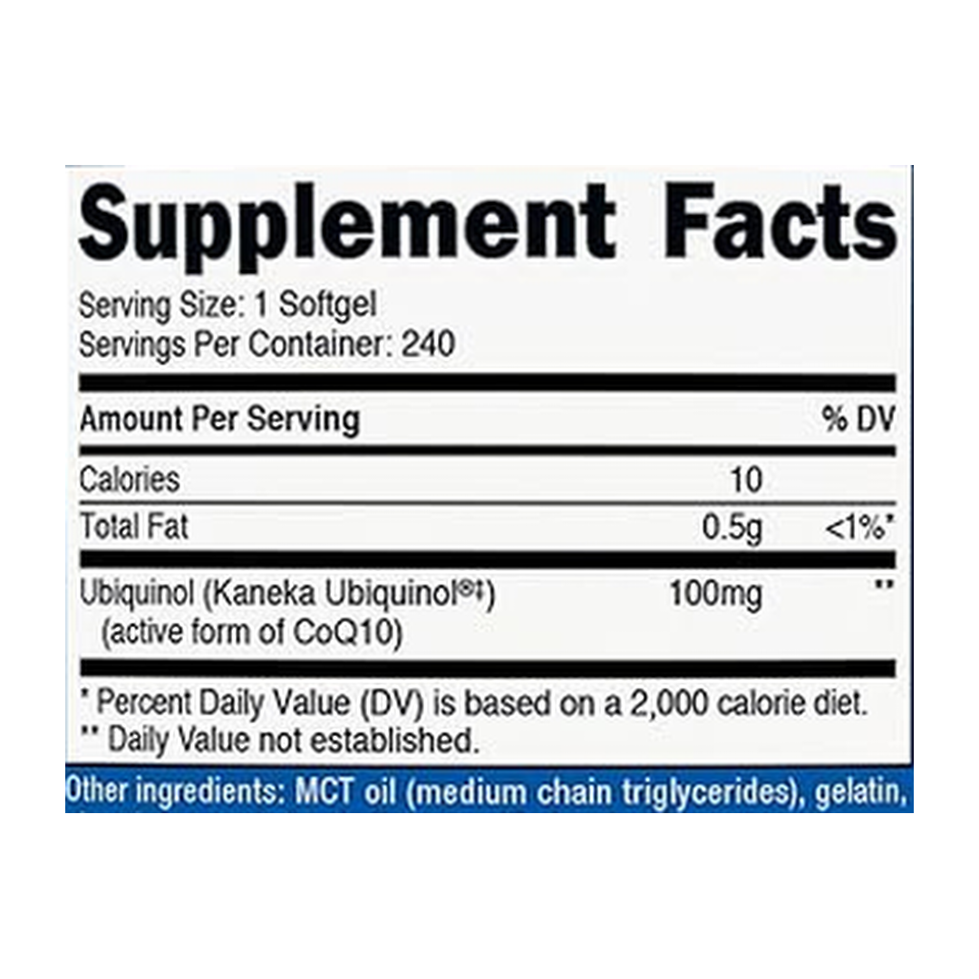 Nutricost, Ubiquinol, 100 mg, 240 Softgels supplement facts label showing ingredients, vitamins, minerals, and serving information
