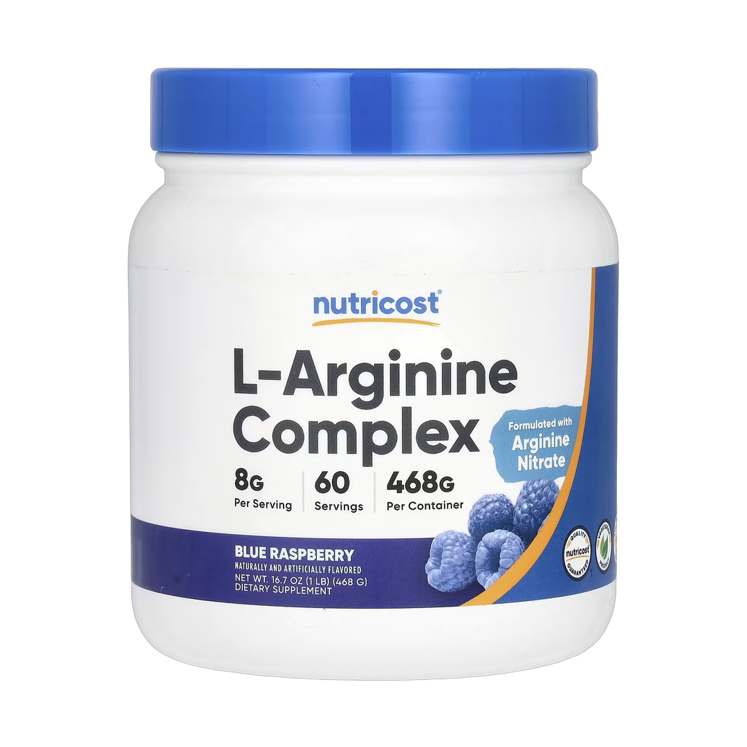 Nutricost, L-Arginine Complex, Blue Raspberry, 16.7 oz, 468 g front packaging view
