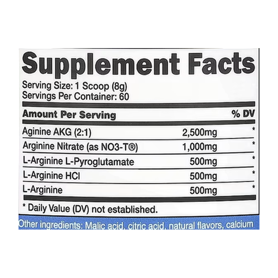 Nutricost, L-Arginine Complex, Blue Raspberry, 16.7 oz, 468 g supplement facts label showing ingredients, vitamins, minerals, and serving information