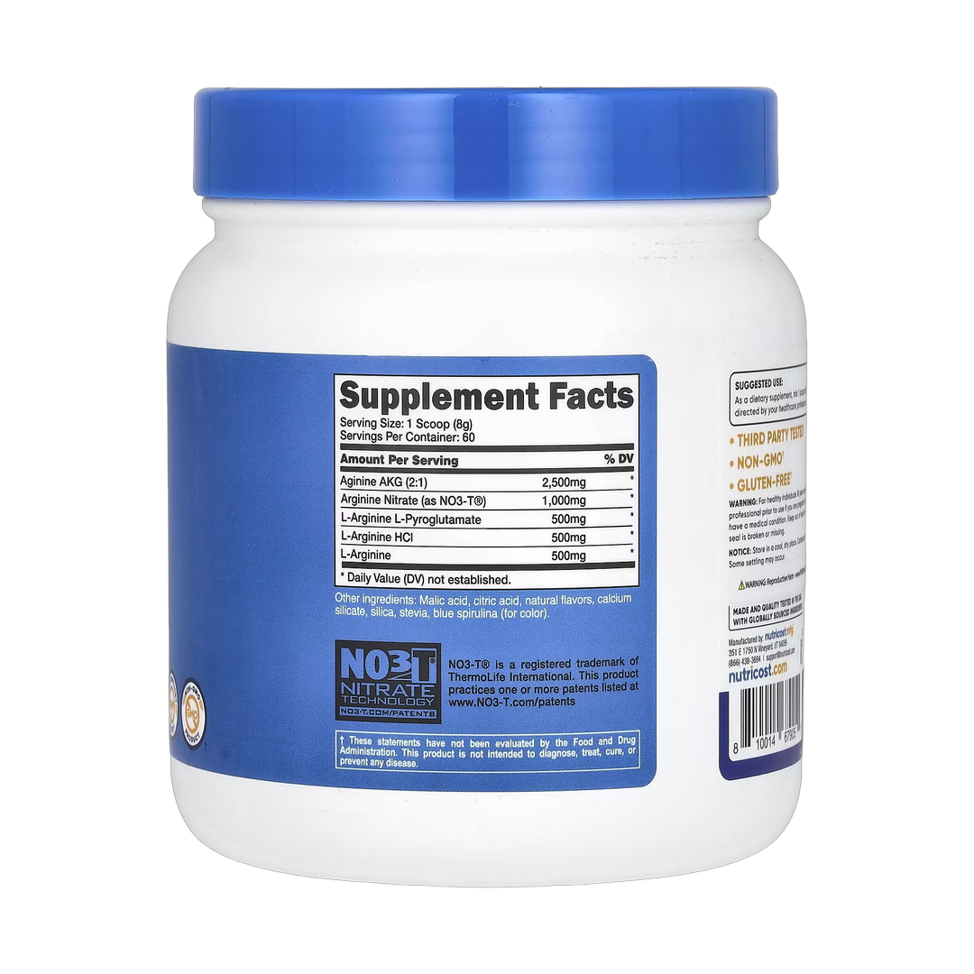 Nutricost, L-Arginine Complex, Blue Raspberry, 16.7 oz, 468 g back packaging view