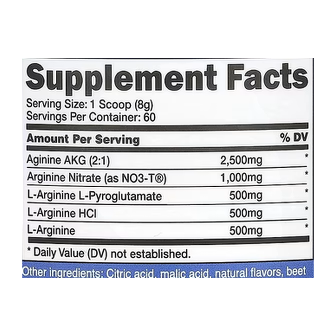 Nutricost, L-Arginine Complex, Fruit Punch, 16.9 oz, 474 g supplement facts label showing ingredients, vitamins, minerals, and serving information