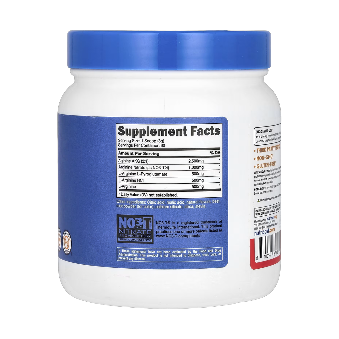 Nutricost, L-Arginine Complex, Fruit Punch, 16.9 oz, 474 g back packaging view