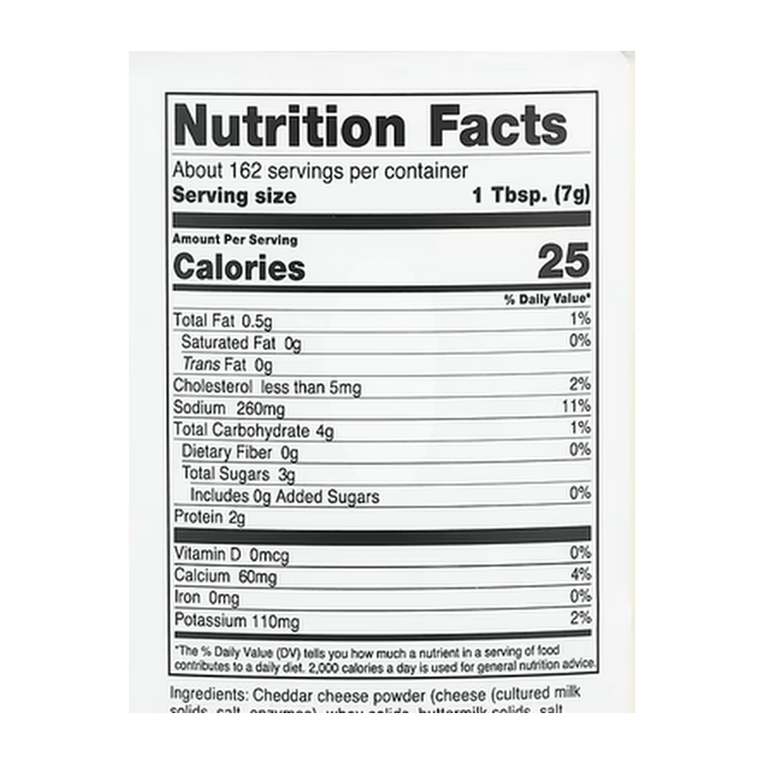 Nutricost, Pantry, White Cheddar Cheese Powder, 40.5 oz, 1,134 g supplement facts label showing ingredients, vitamins, minerals, and serving information