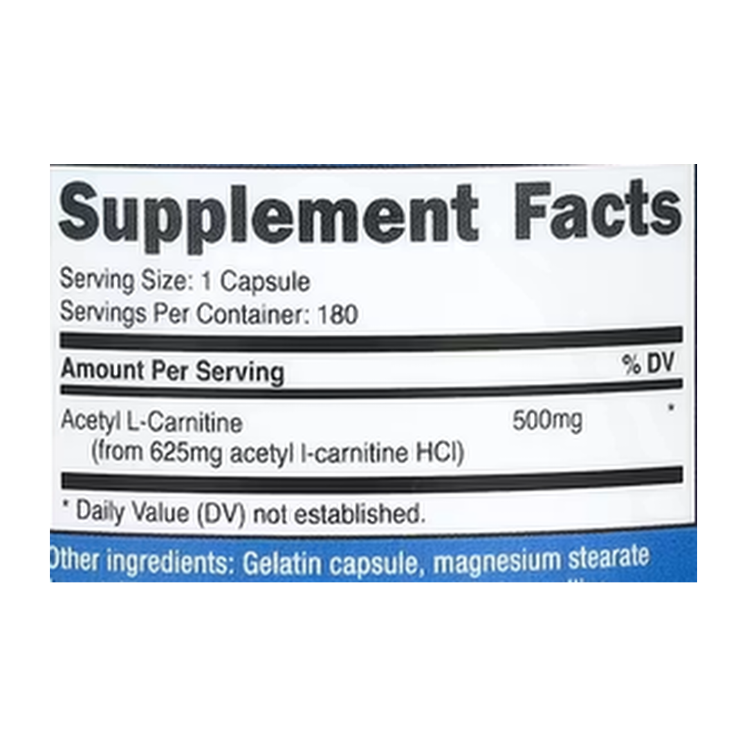Nutricost, Acetyl L-Carnitine, 500 mg , 180 Capsules supplement facts label showing ingredients, vitamins, minerals, and serving information