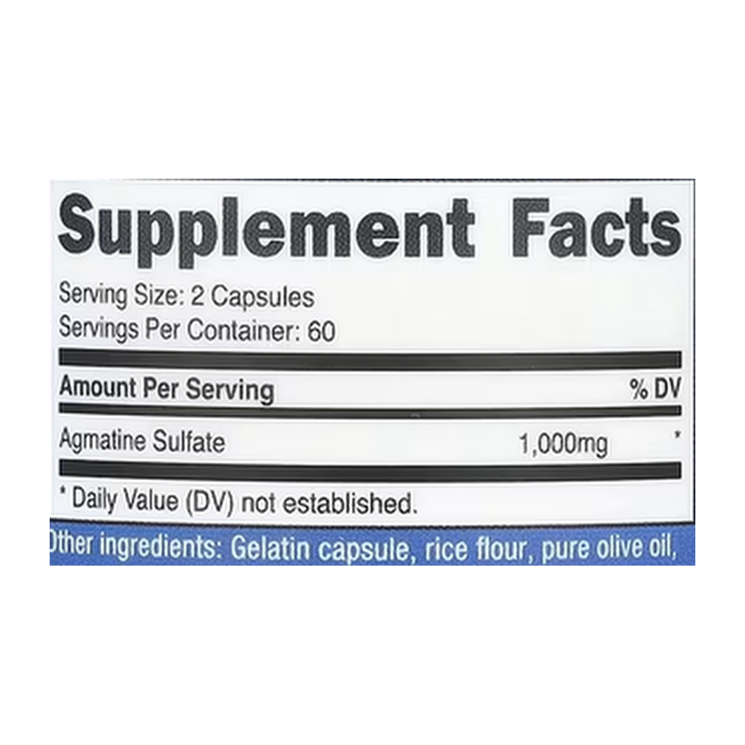 Nutricost, Agmatine Sulfate, 120 Capsules supplement facts label showing ingredients, vitamins, minerals, and serving information