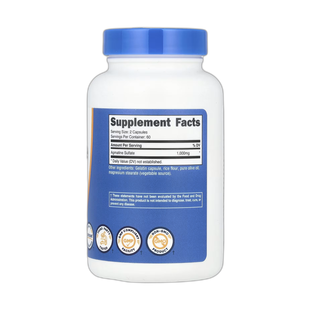 Nutricost, Agmatine Sulfate, 120 Capsules back packaging view