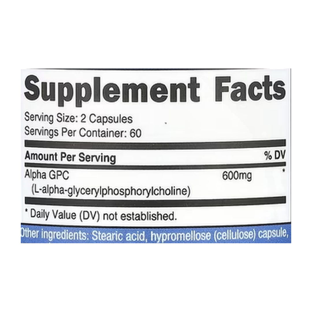 Nutricost, Alpha GPC, 120 Capsules supplement facts label showing ingredients, vitamins, minerals, and serving information