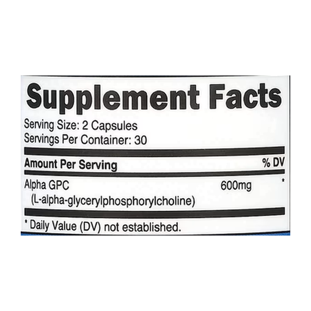 Nutricost, Alpha GPC, 60 Capsules supplement facts label showing ingredients, vitamins, minerals, and serving information