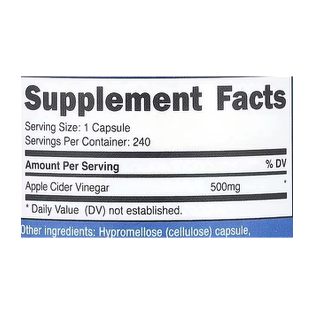Nutricost, Apple Cider Vinegar, 500 mg, 240 Capsules supplement facts label showing ingredients, vitamins, minerals, and serving information