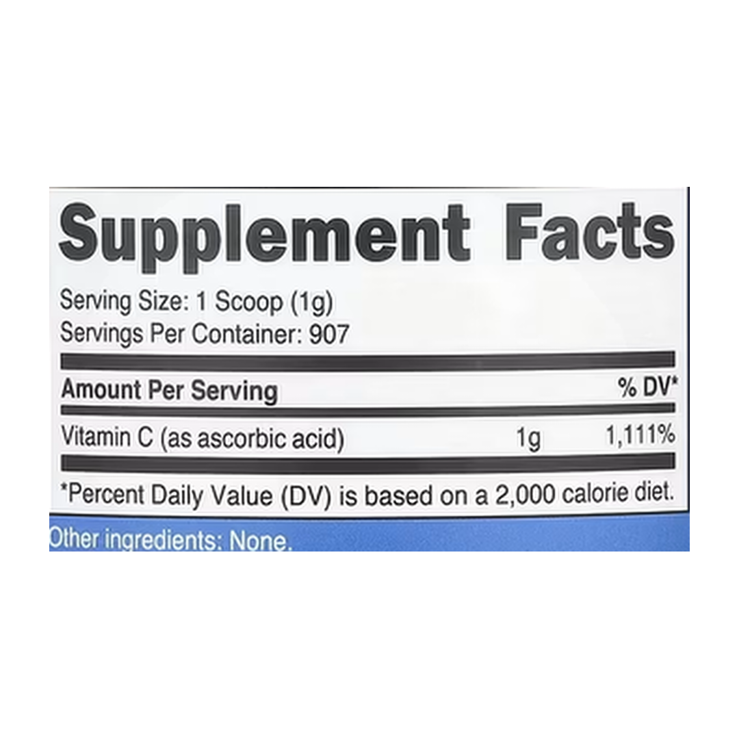 Nutricost, Vitamin C, Unflavored, 32.4 oz, 907 g supplement facts label showing ingredients, vitamins, minerals, and serving information