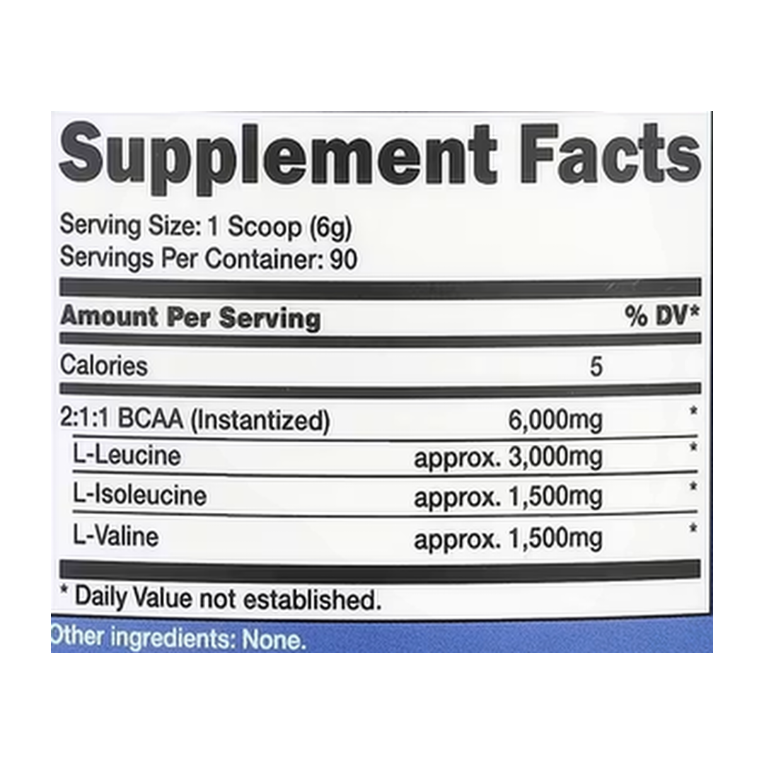Nutricost, Performance, BCAA, Unflavored, 1.2 lb, 540 g supplement facts label showing ingredients, vitamins, minerals, and serving information