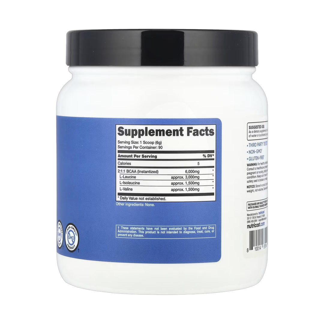 Nutricost, Performance, BCAA, Unflavored, 1.2 lb, 540 g back packaging view