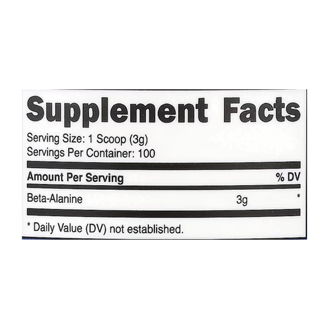 Nutricost, Beta Alanine, Unflavored, 10.7 oz, 300 g supplement facts label showing ingredients, vitamins, minerals, and serving information