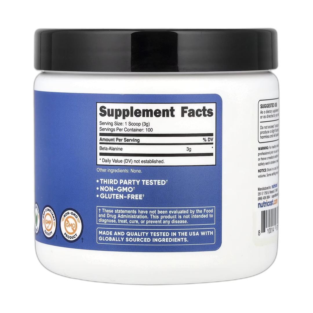 Nutricost, Beta Alanine, Unflavored, 10.7 oz, 300 g back packaging view